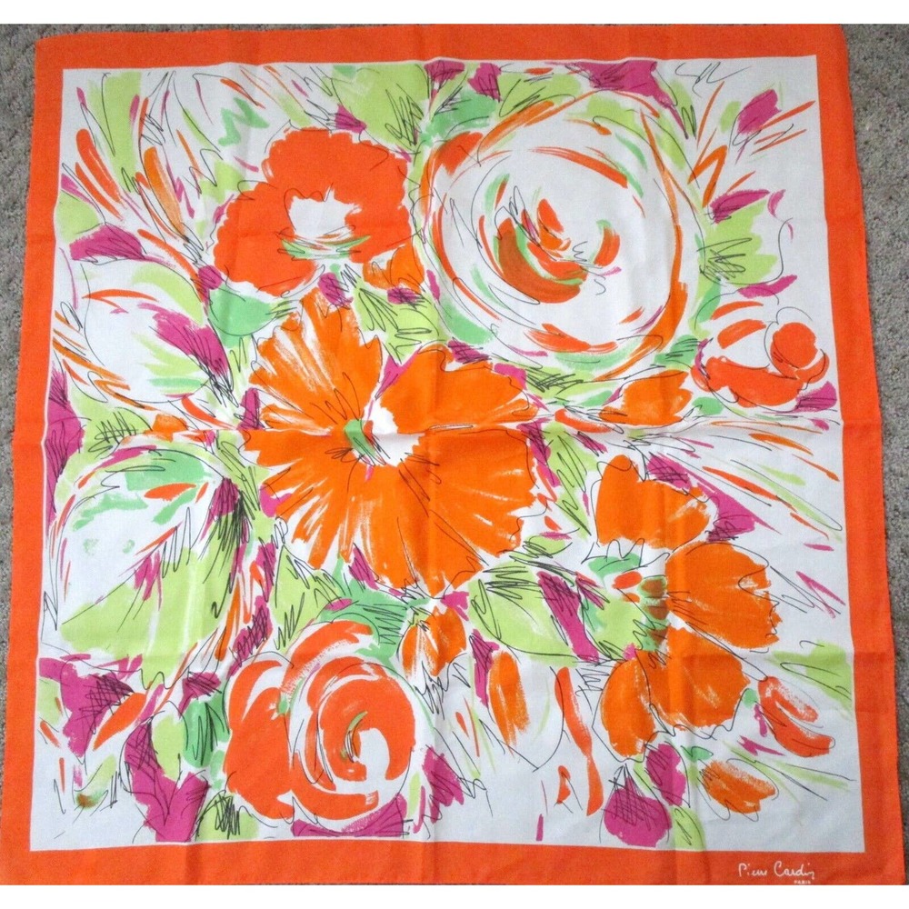 Pierre Cardin Paris Vintage Orange Floral Modern Print Scarf Lightweight 30 x 30